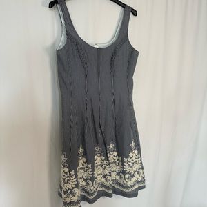 Nine West Blue and White Striped Fit and Flare Dress with Floral Embroidery